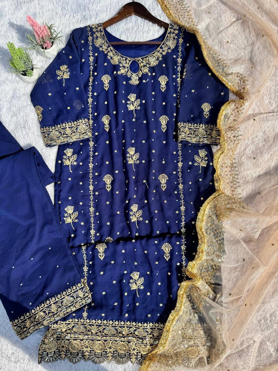 Intricate Gold Work Suit with Contrast Golden Tissue Dupatta