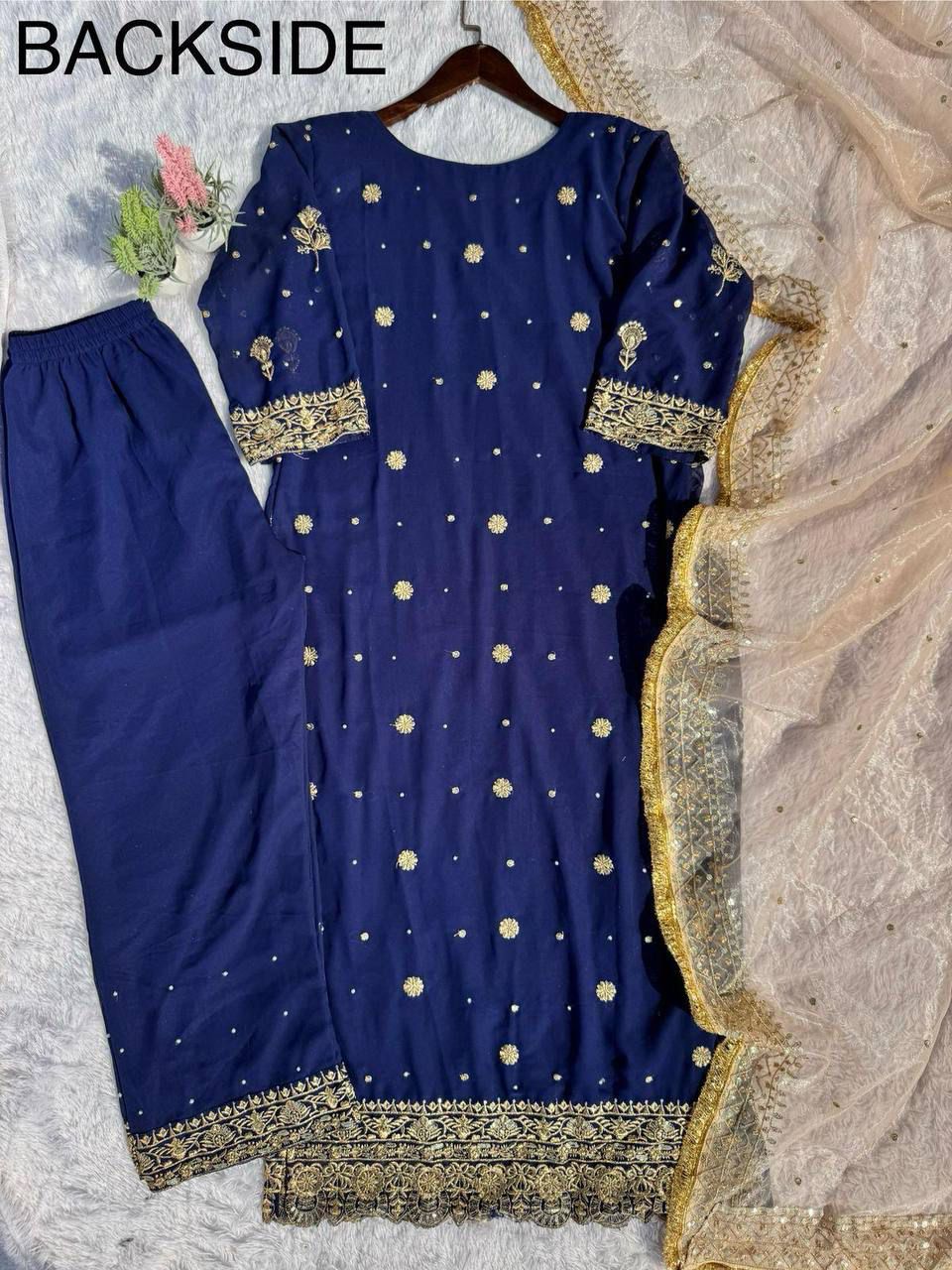 Intricate Gold Work Suit with Contrast Golden Tissue Dupatta