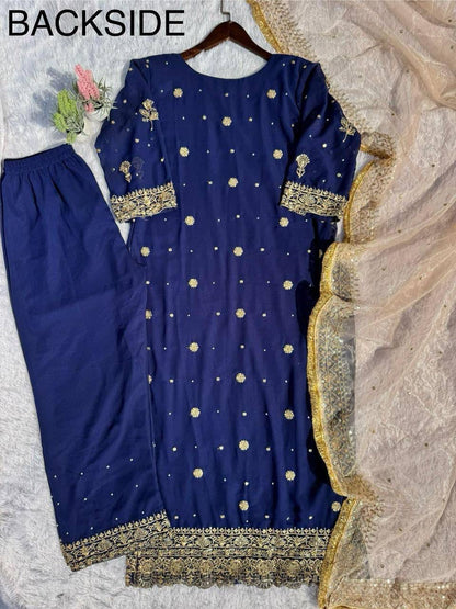Intricate Gold Work Suit with Contrast Golden Tissue Dupatta