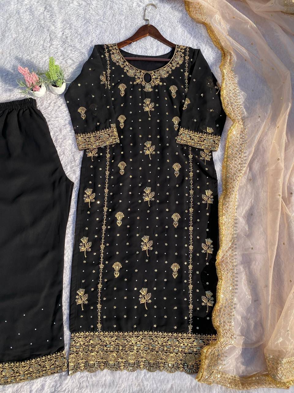 Hand-Embellished Black Kurta & Trouser Set with Brocade Dupatta