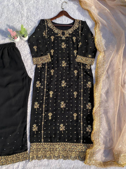 Hand-Embellished Black Kurta & Trouser Set with Brocade Dupatta