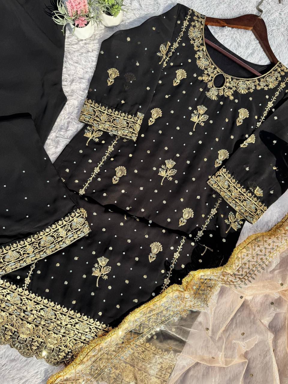 Hand-Embellished Black Kurta & Trouser Set with Brocade Dupatta