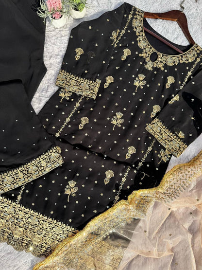 Hand-Embellished Black Kurta & Trouser Set with Brocade Dupatta