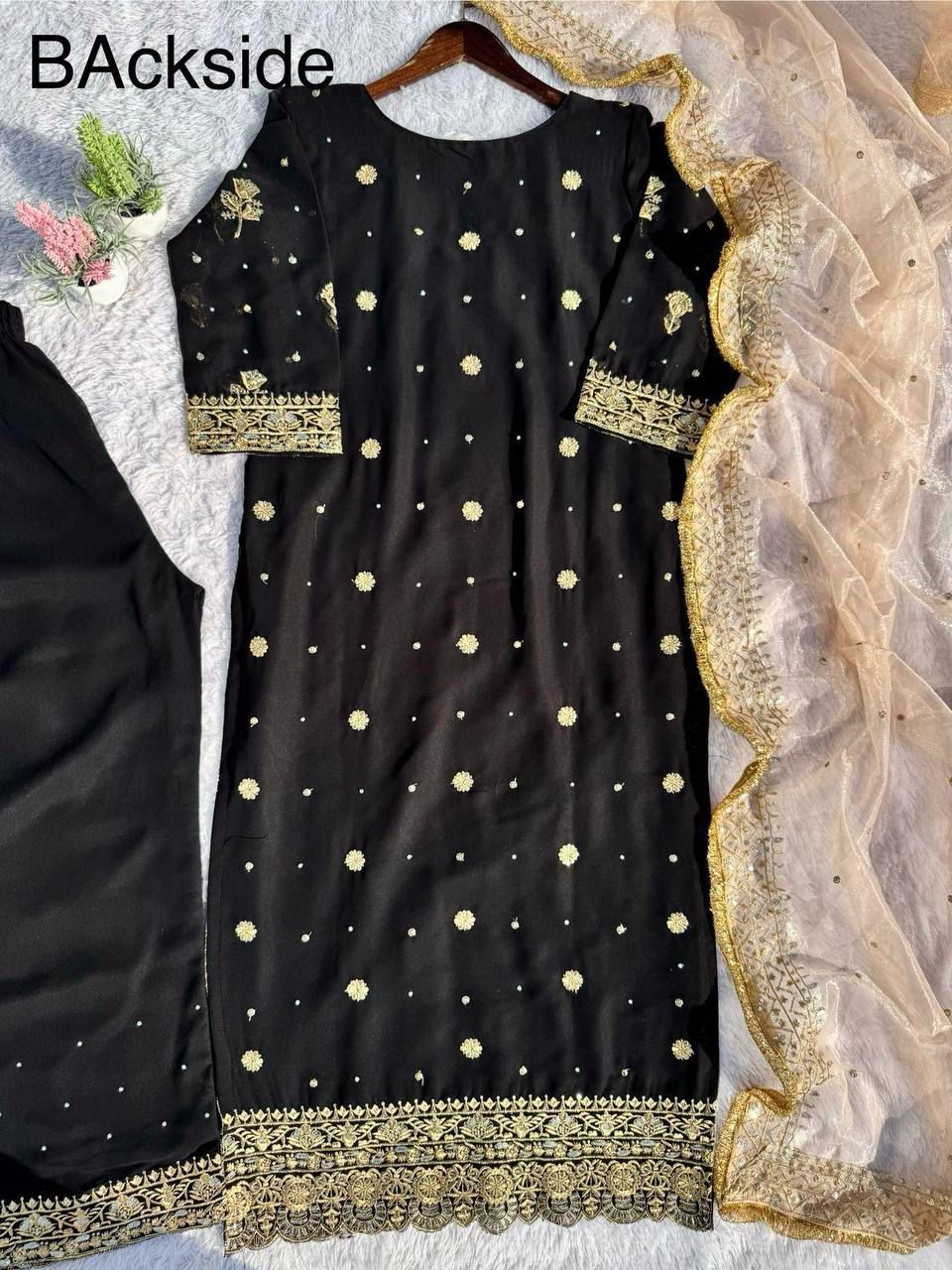 Hand-Embellished Black Kurta & Trouser Set with Brocade Dupatta