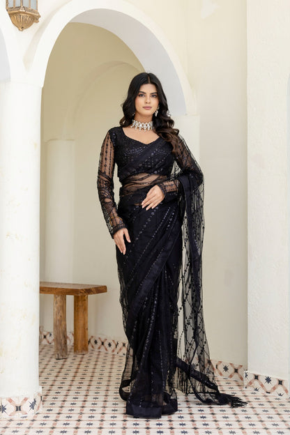 Sophisticated Black Sequined Net Saree
