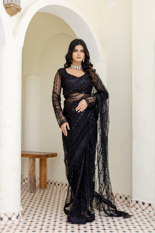 Sophisticated Black Sequined Net Saree