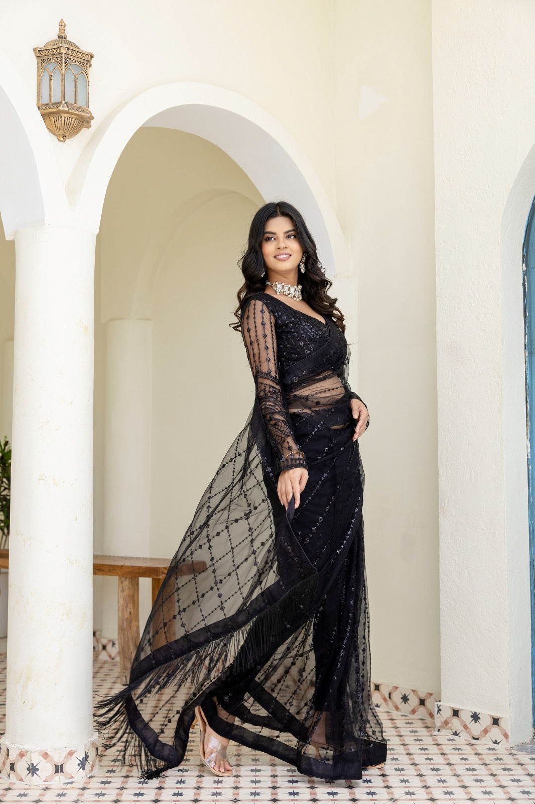Sophisticated Black Sequined Net Saree