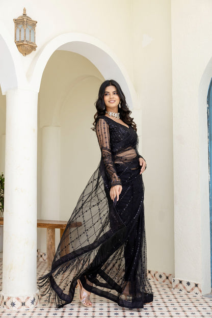 Sophisticated Black Sequined Net Saree