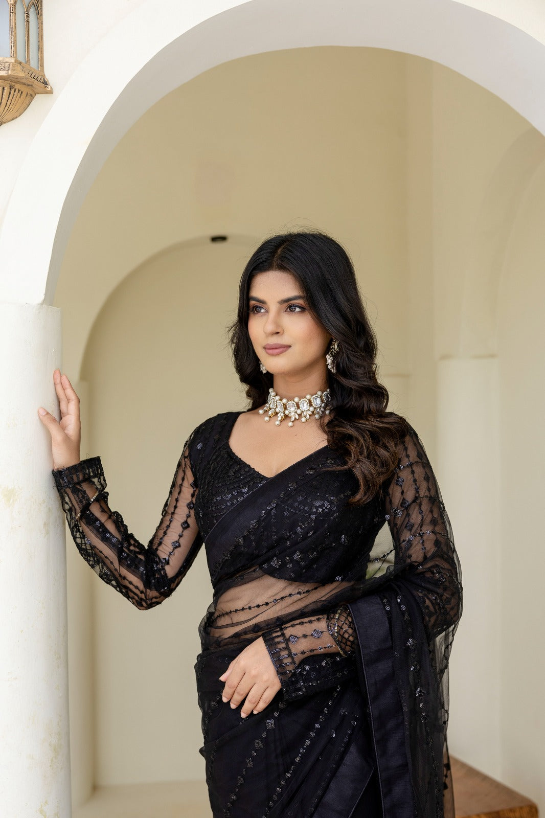 Sophisticated Black Sequined Net Saree