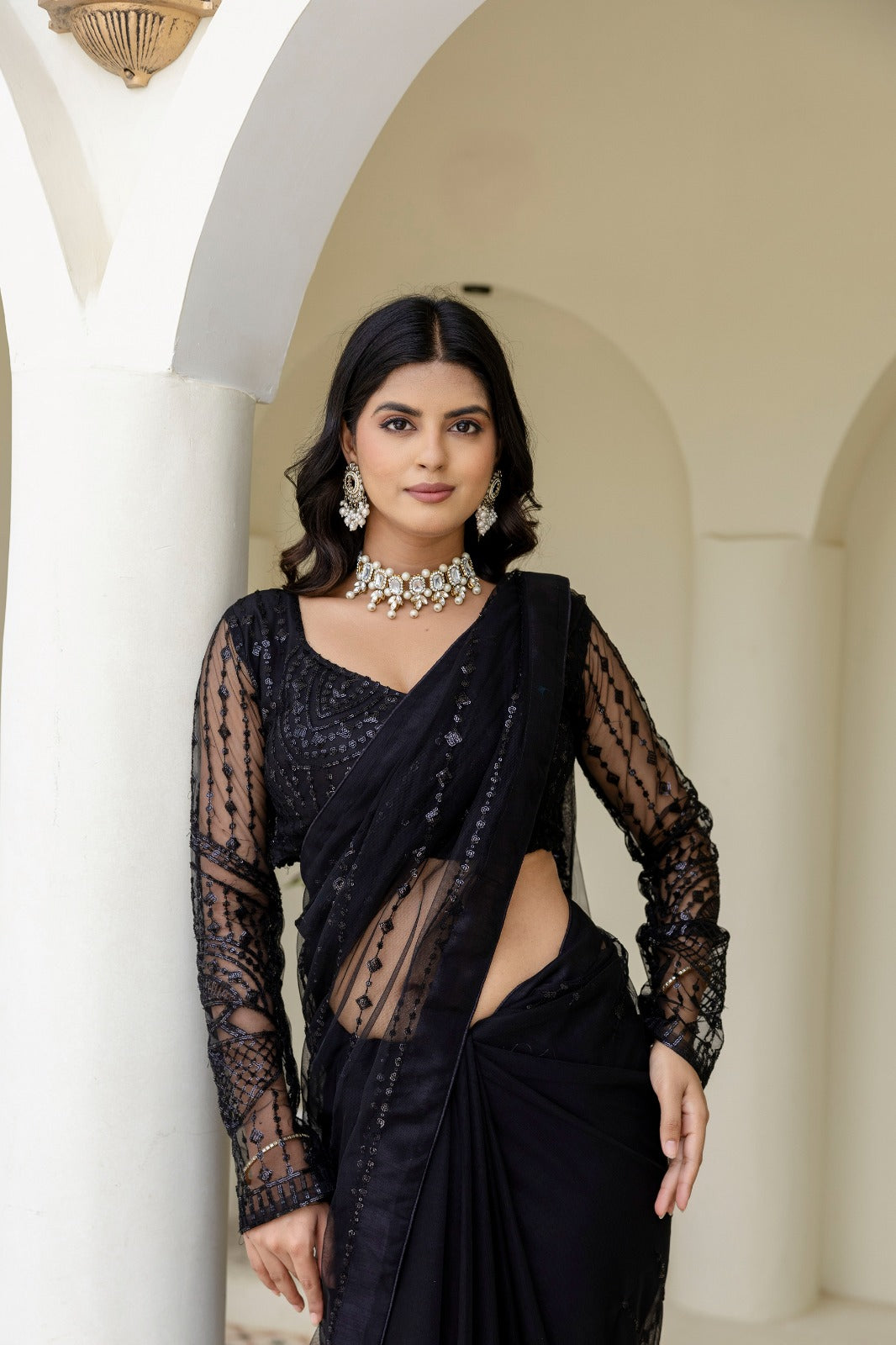 Sophisticated Black Sequined Net Saree