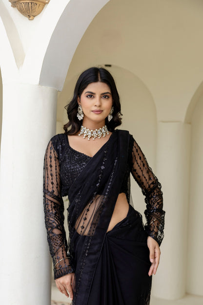 Sophisticated Black Sequined Net Saree
