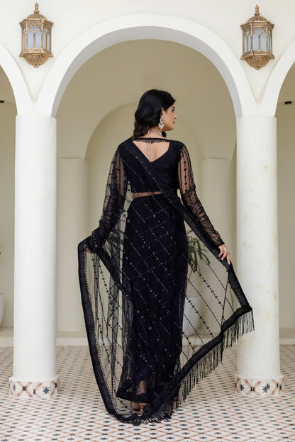 Sophisticated Black Sequined Net Saree