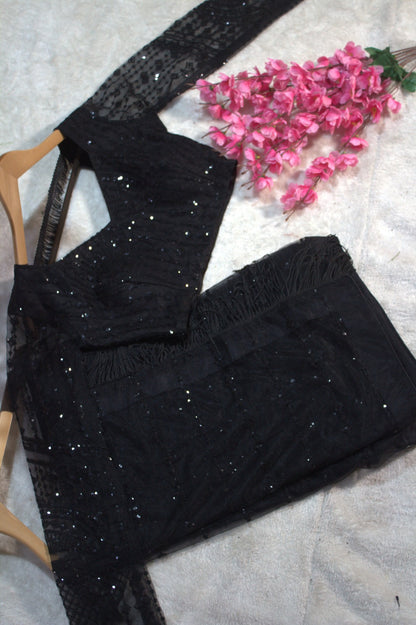 Sophisticated Black Sequined Net Saree