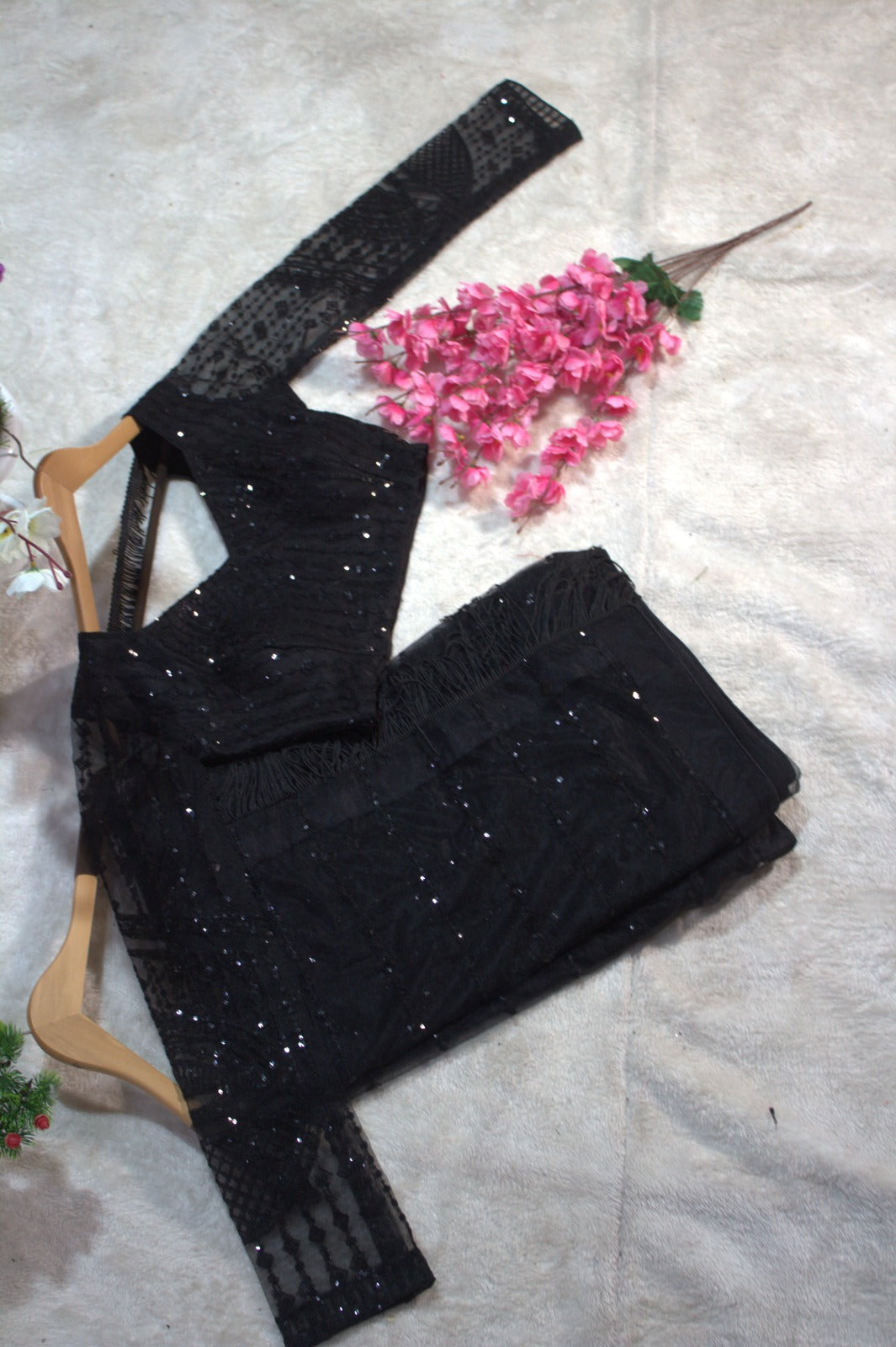 Sophisticated Black Sequined Net Saree