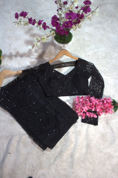 Sophisticated Black Sequined Net Saree