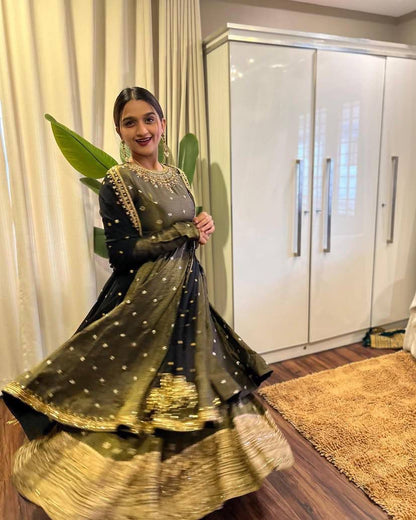 Olive Green Velvet Kediya Style lehenga Choli