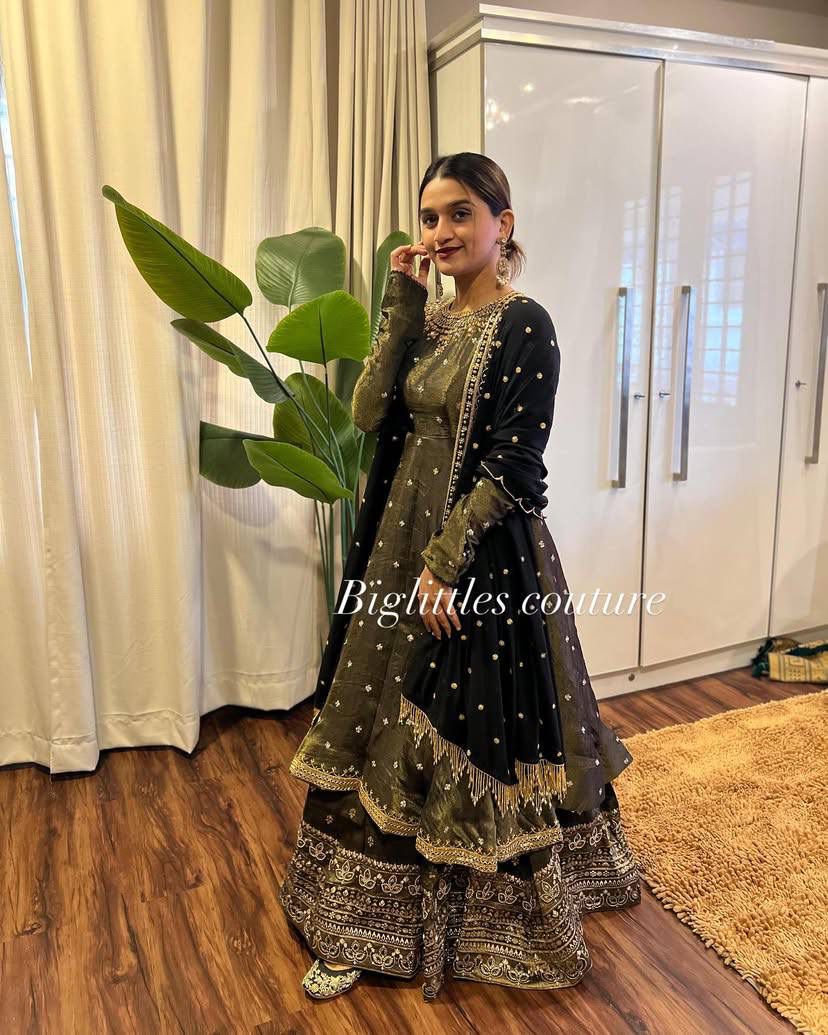 Olive Green Velvet Kediya Style lehenga Choli