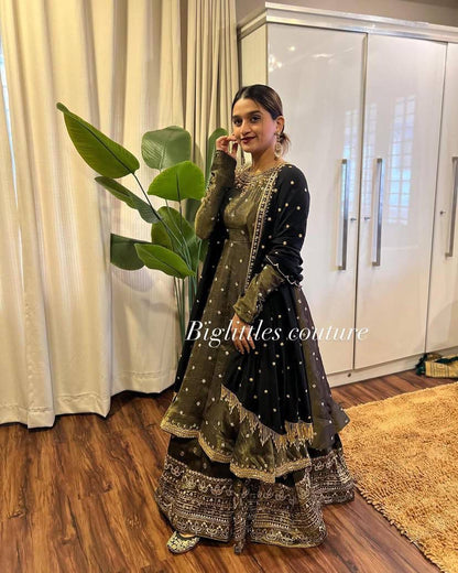 Olive Green Velvet Kediya Style lehenga Choli