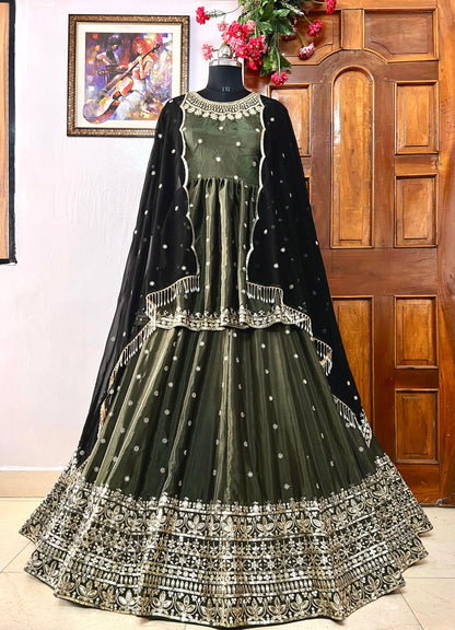 Olive Green Velvet Kediya Style lehenga Choli