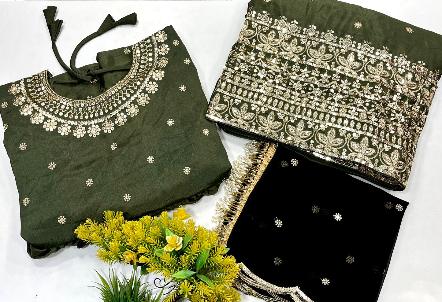 Olive Green Velvet Kediya Style lehenga Choli