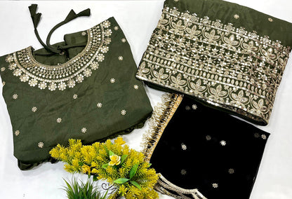 Olive Green Velvet Kediya Style lehenga Choli