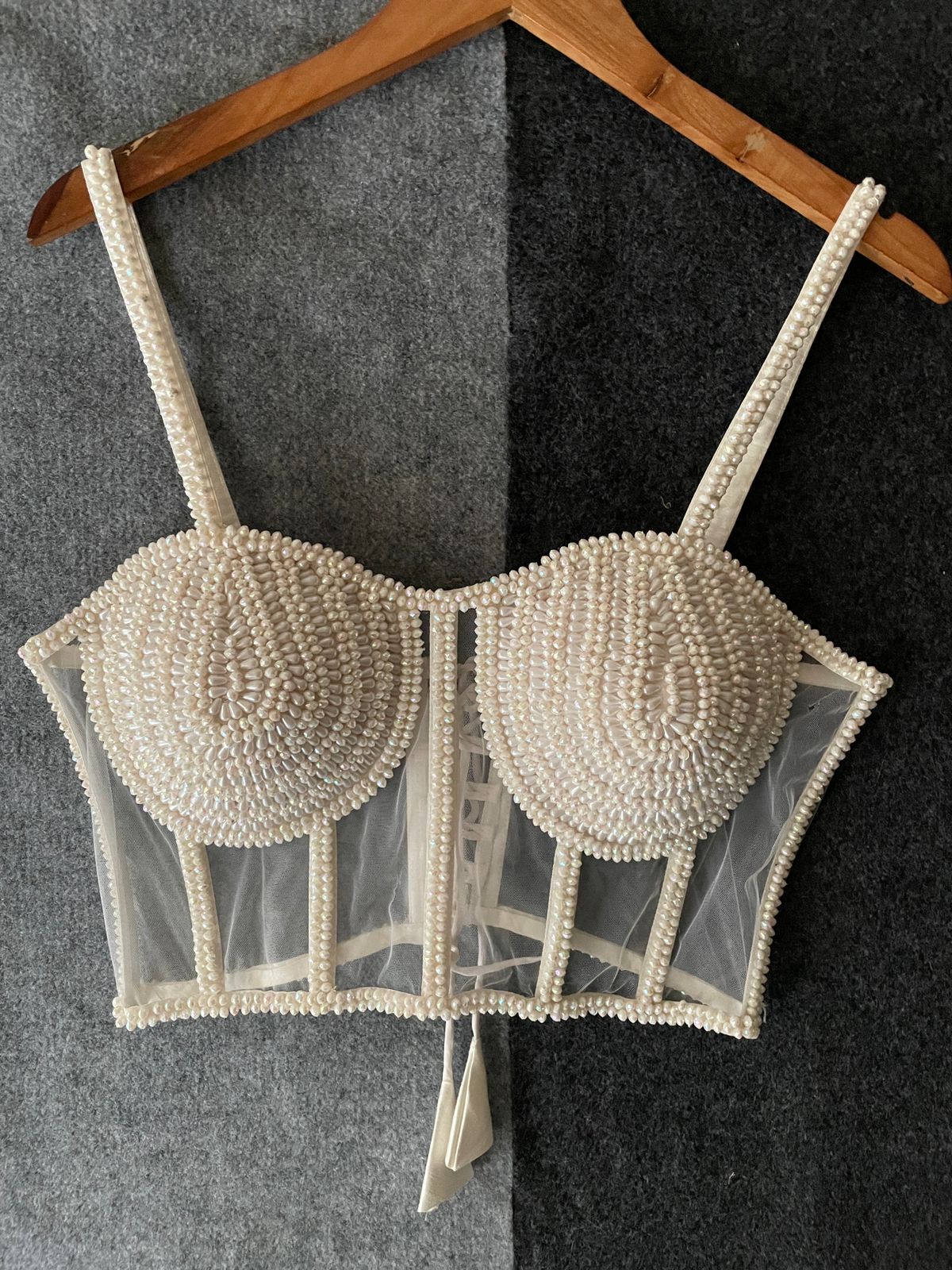 Hand-Beaded Ivory Pearl Corset Top