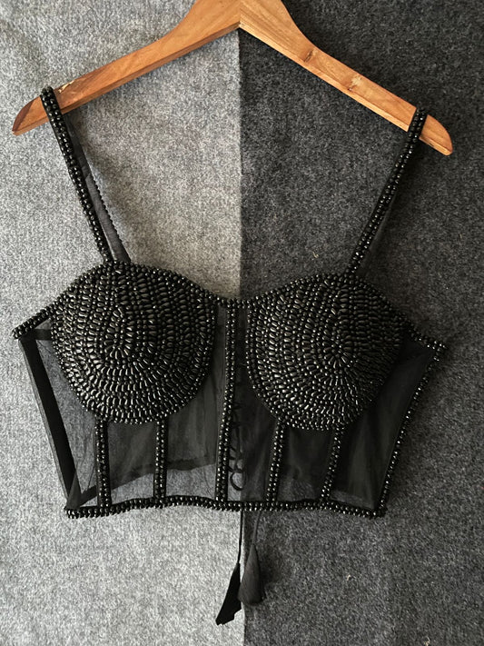 Black Noir Hand-Embroidered Sheer Bustier Top Blouse