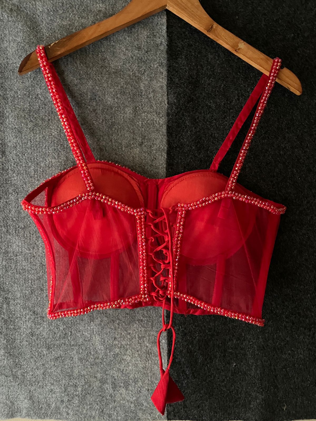 Ruby Red Hand-Embroidered Sheer Bustier Blouse