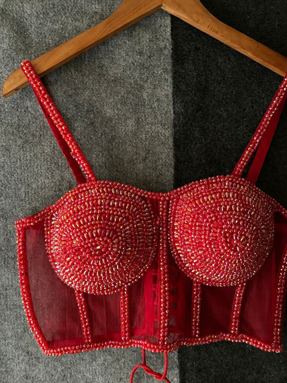 Ruby Red Hand-Embroidered Sheer Bustier Blouse