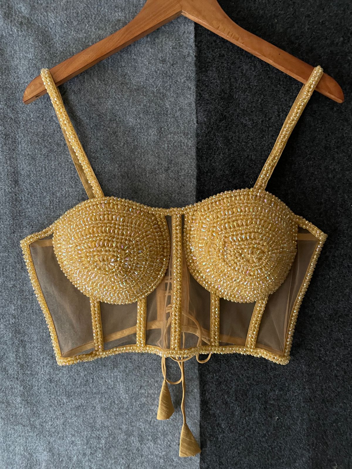 Luminous Golden Beaded Spaghetti Blouse