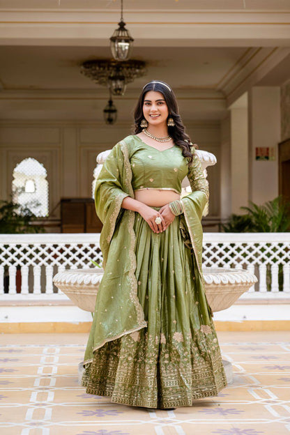 Graceful Olive Green Embroidered Silk Lehenga Set