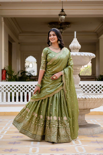 Graceful Olive Green Embroidered Silk Lehenga Set