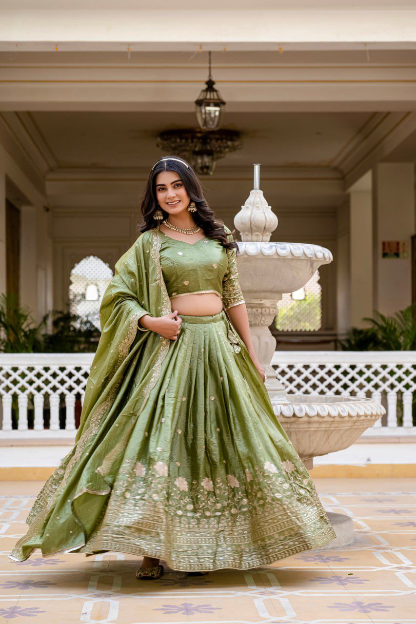 Graceful Olive Green Embroidered Silk Lehenga Set