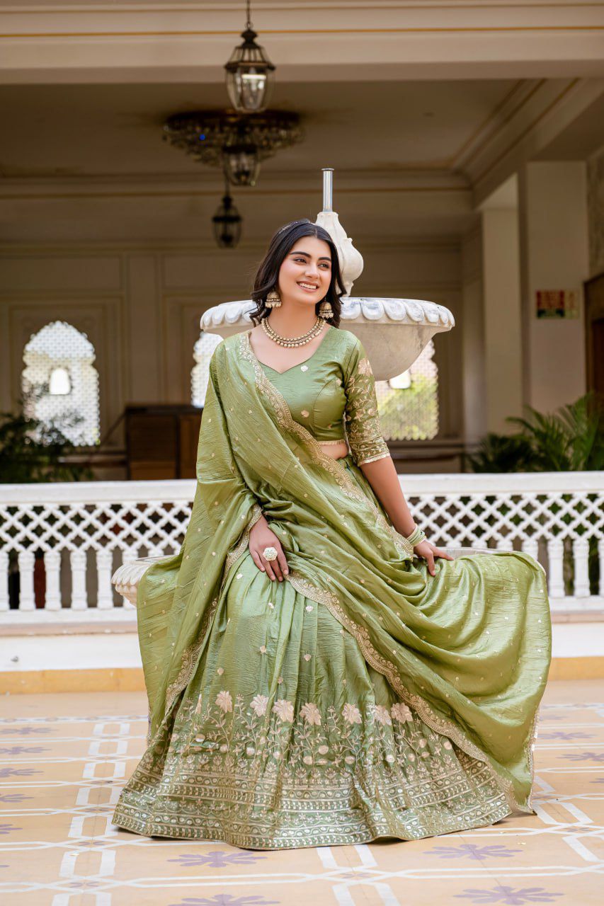 Graceful Olive Green Embroidered Silk Lehenga Set