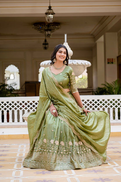 Graceful Olive Green Embroidered Silk Lehenga Set