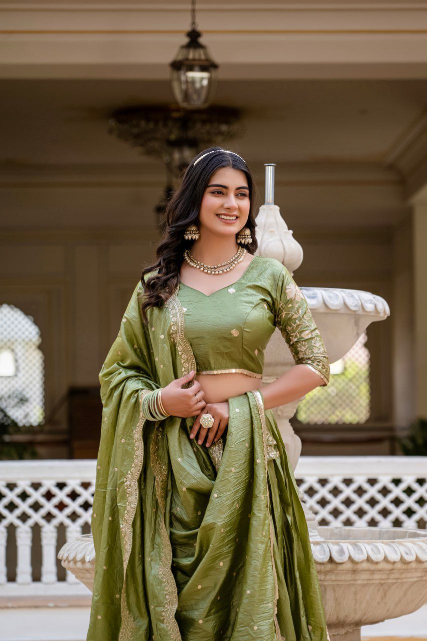 Graceful Olive Green Embroidered Silk Lehenga Set