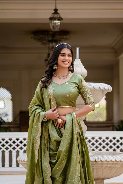 Graceful Olive Green Embroidered Silk Lehenga Set