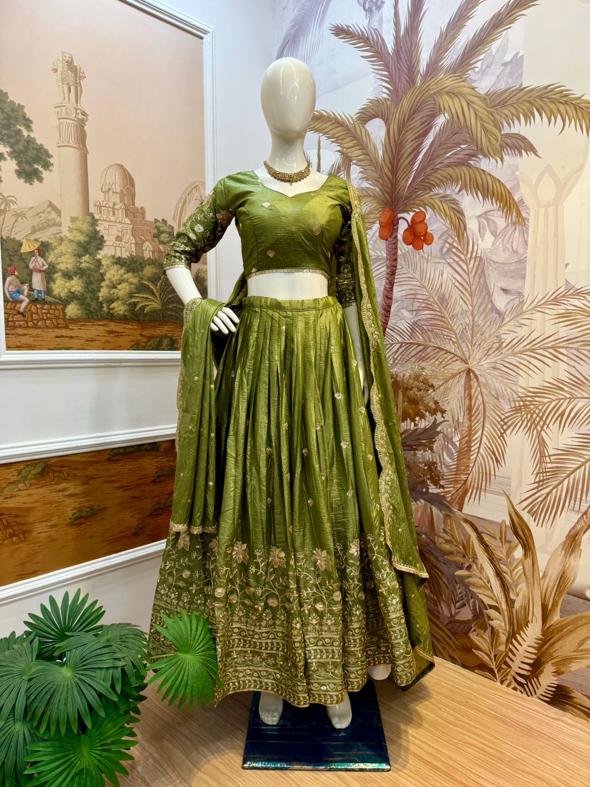 Graceful Olive Green Embroidered Silk Lehenga Set