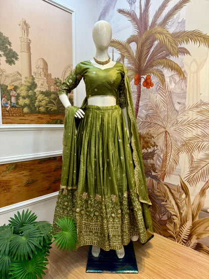 Graceful Olive Green Embroidered Silk Lehenga Set