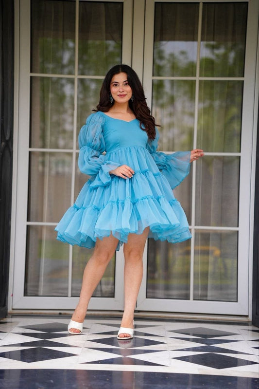 aqua blue with a v-neckline tiered Mini Dress
