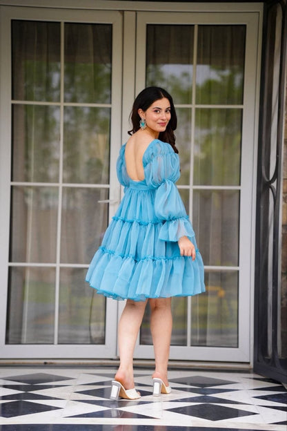 aqua blue with a v-neckline tiered Mini Dress