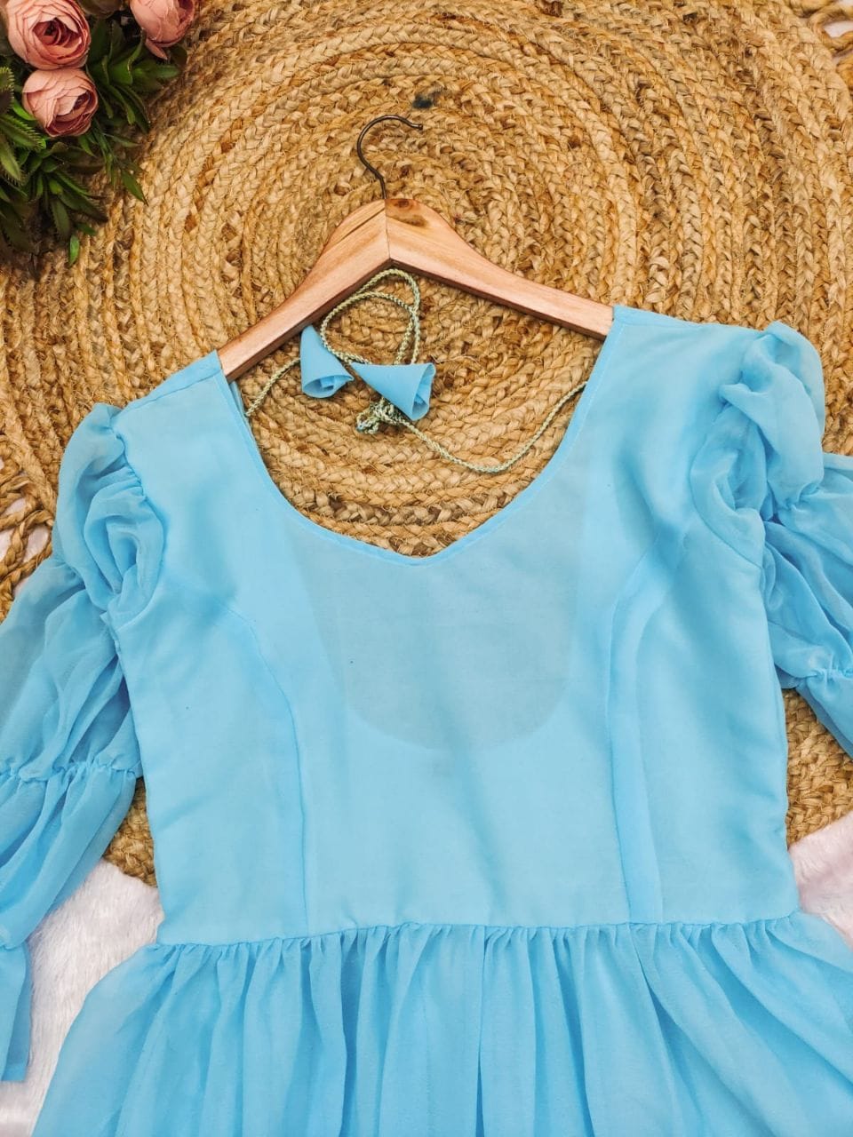 aqua blue with a v-neckline tiered Mini Dress