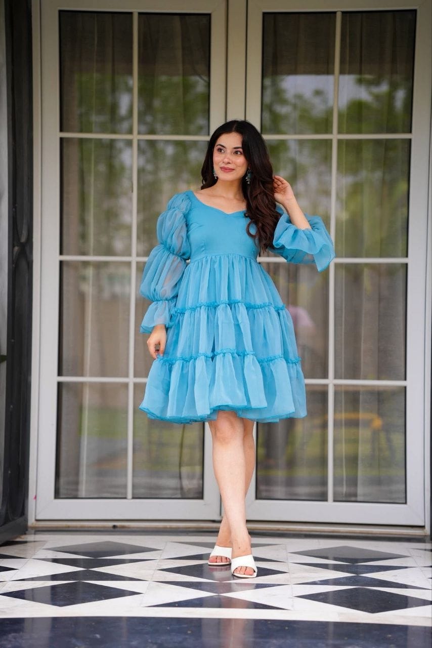 aqua blue with a v-neckline tiered Mini Dress