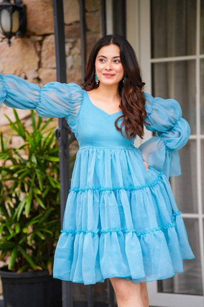 aqua blue with a v-neckline tiered Mini Dress