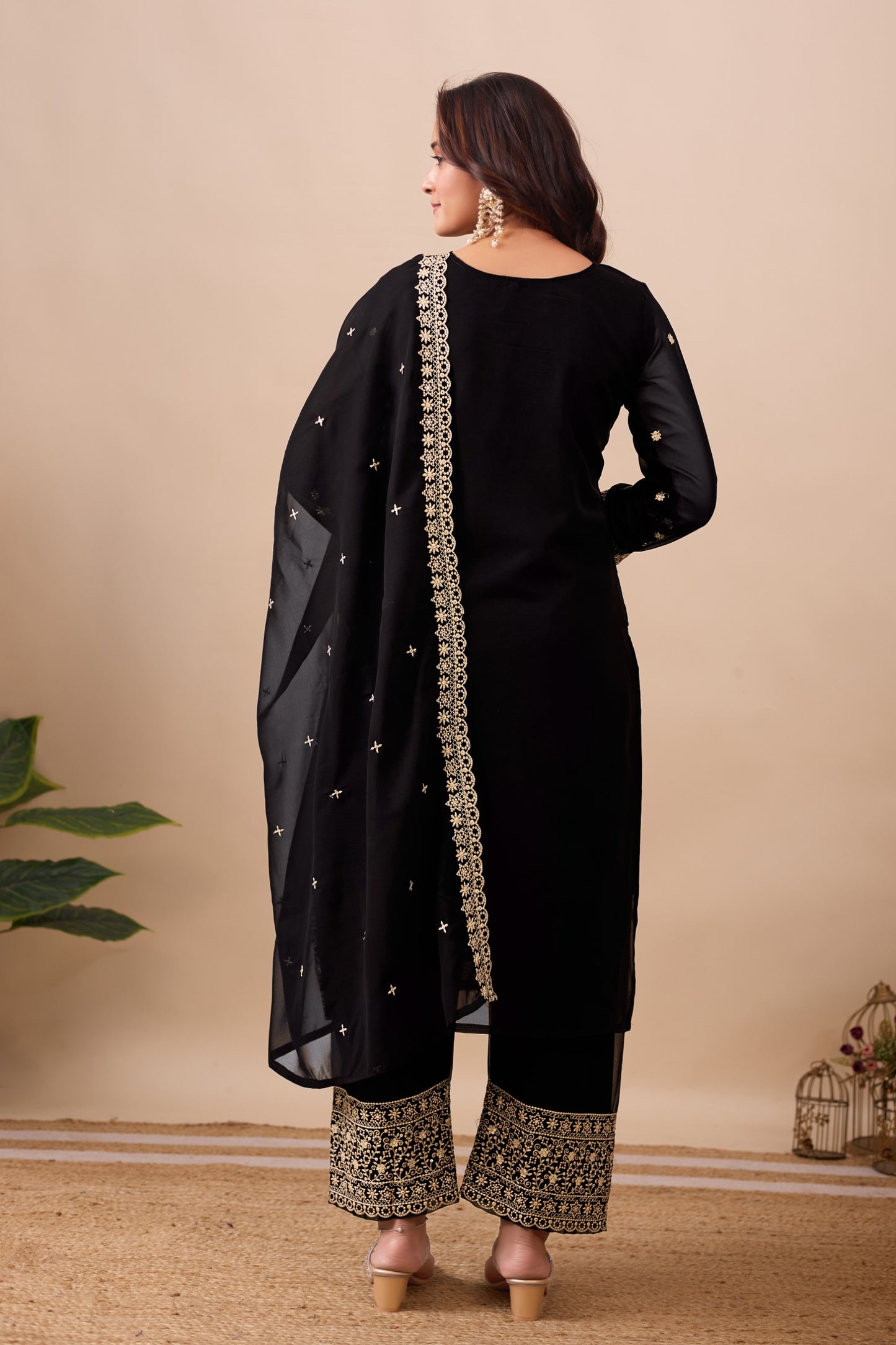Designer Embroidery Sequence Work Black Top Pant With Dupatta Set