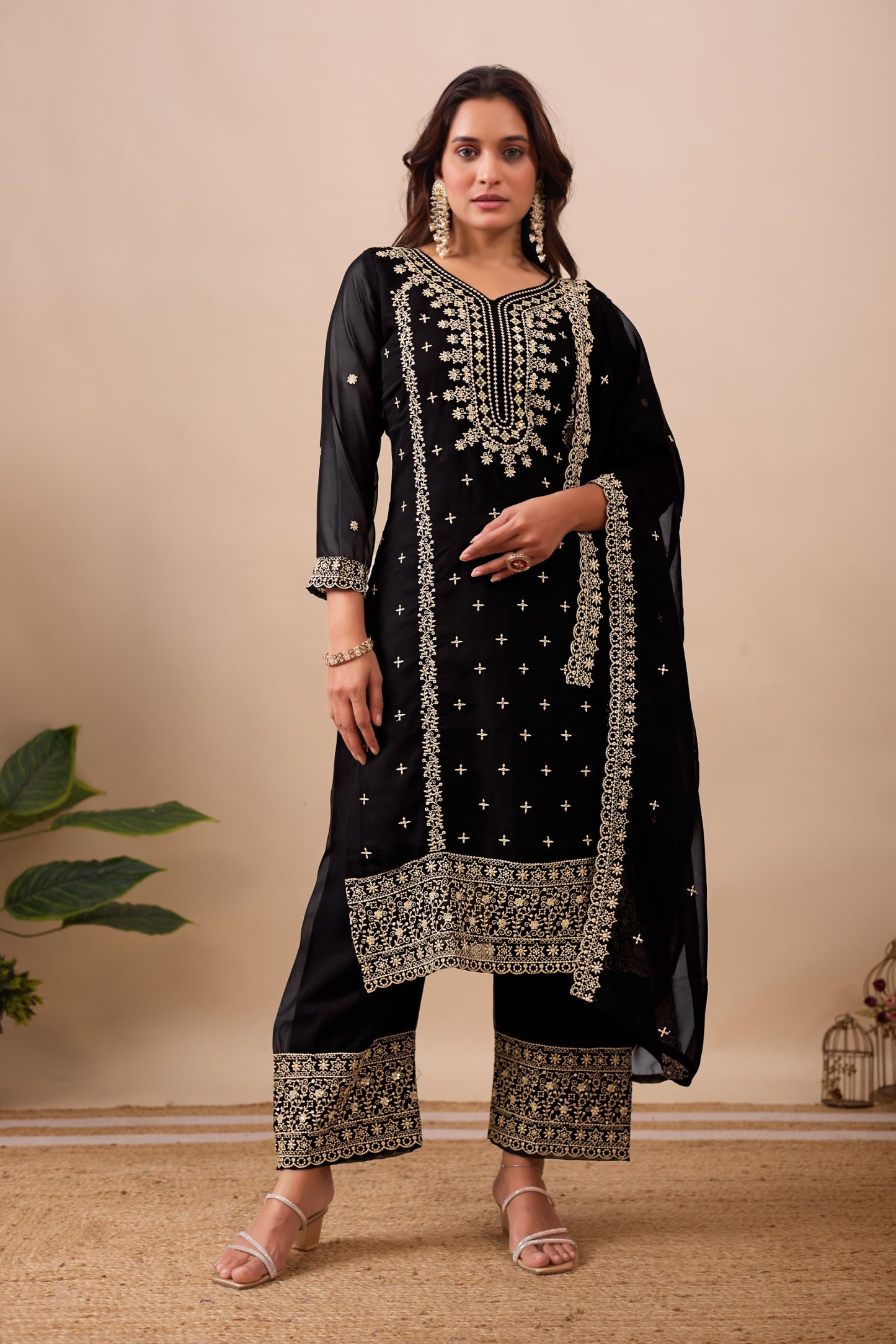 Designer Embroidery Sequence Work Black Top Pant With Dupatta Set