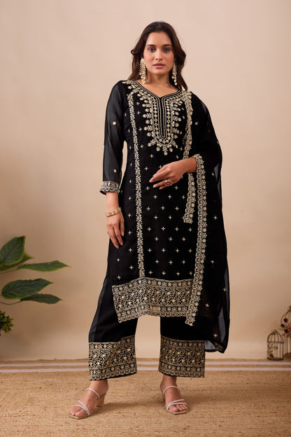 Designer Embroidery Sequence Work Black Top Pant With Dupatta Set