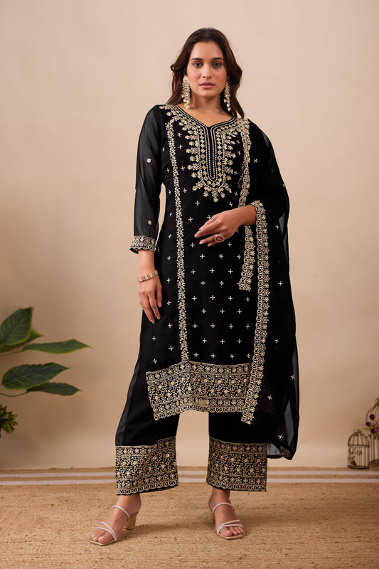 Designer Embroidery Sequence Work Black Top Pant With Dupatta Set