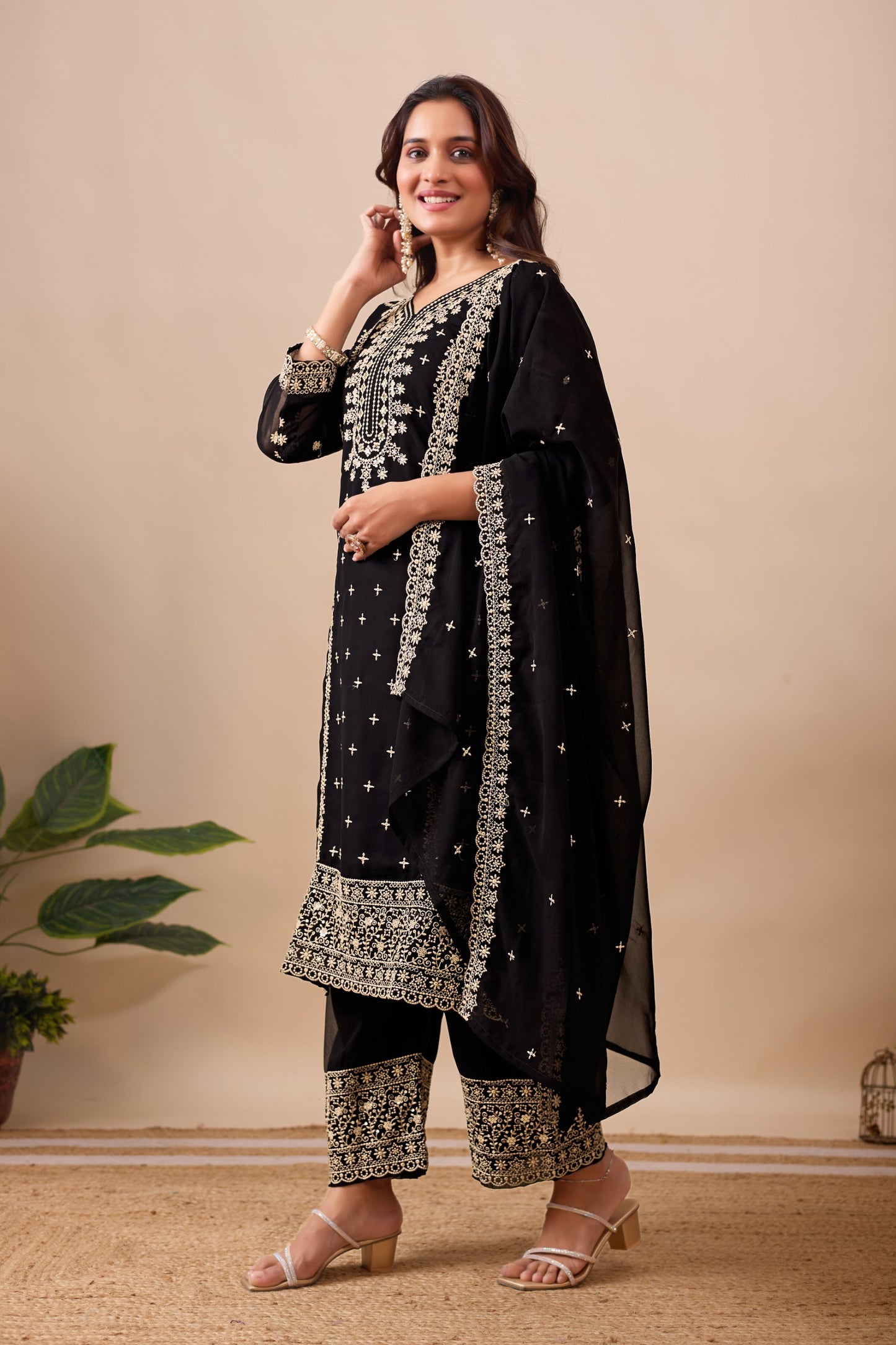 Designer Embroidery Sequence Work Black Top Pant With Dupatta Set