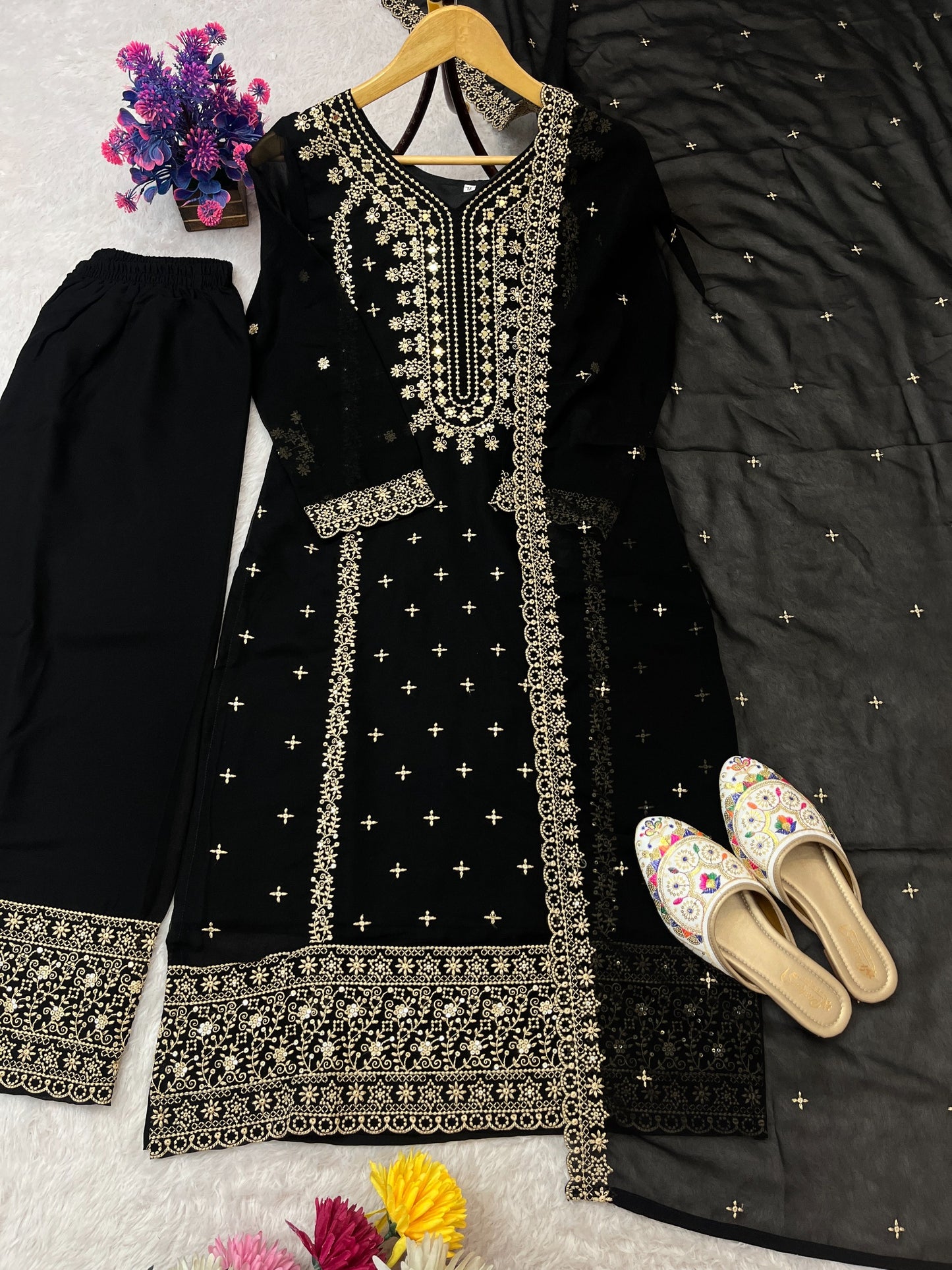 Designer Embroidery Sequence Work Black Top Pant With Dupatta Set